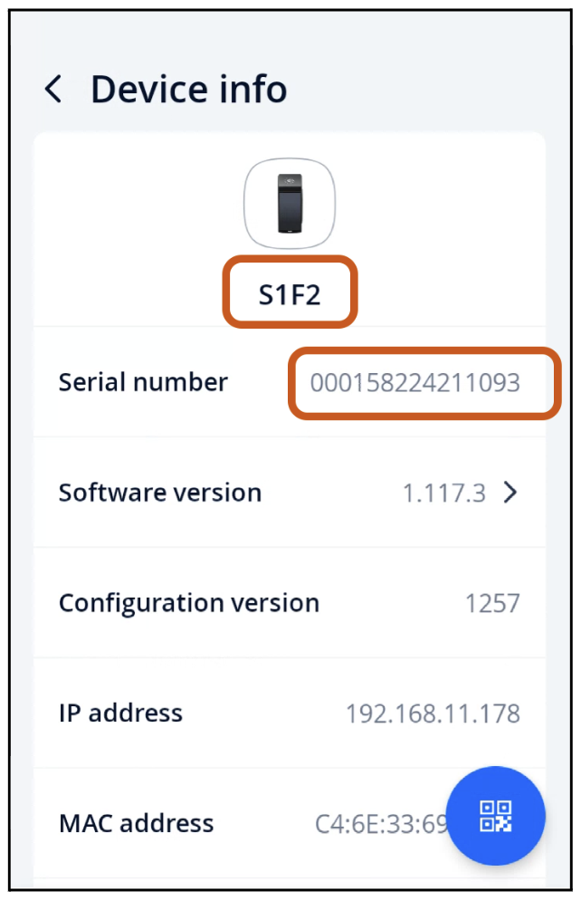 Device Info screen showing the model code and serial number